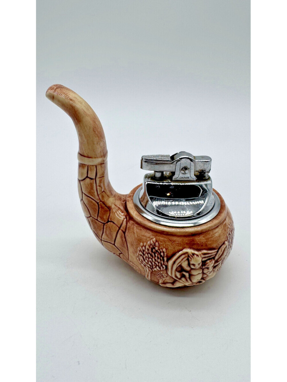 Vintage Japan Ceramic Pipe Table Lighter Cherub Angel Relief